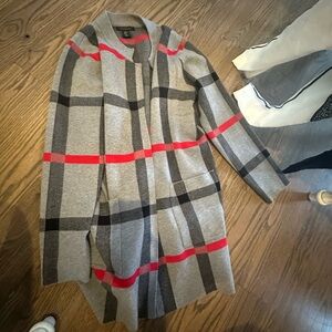 Tahari Sweater Coat in Gray and Red Plaid